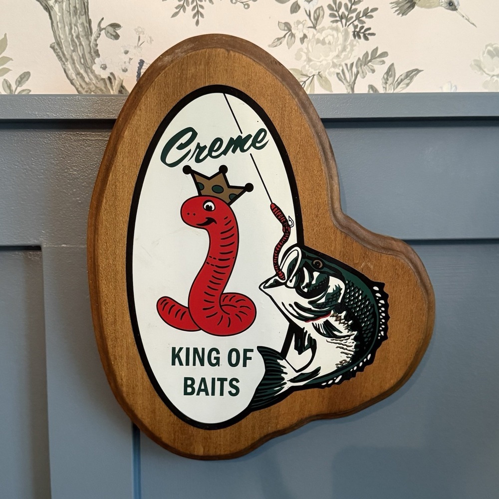 Handmade Creme King of Baits Fishing Wall Plaque 12" Man Cave Rustic